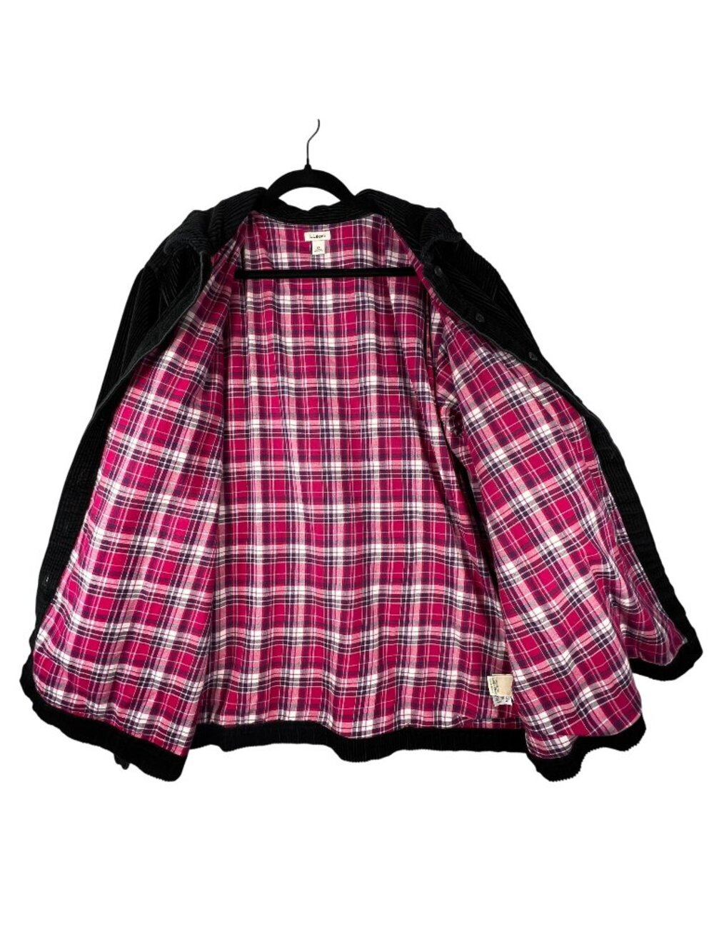 LL Bean Black Corduroy Shirt Jacket Pink Plaid Lining Shacket 3X Wide Wale Women